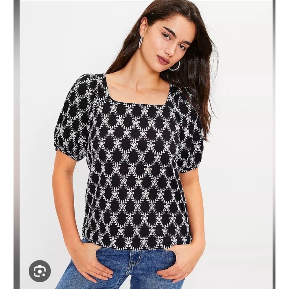 LOFT Black White Eyelet Embroidered Square Neck Puff Sleeve‎ Top Blouse XXL